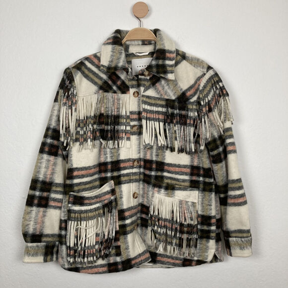 NEW BLANK NYC WOMEN BRAINSTORM MULTICOLOR PLAID FRINGE BUTTON JACKET SIZE MEDIUM - Picture 1 of 7